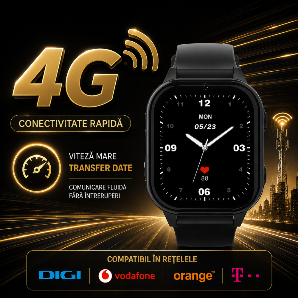 Ceas Smartwatch GPS Copii cu Localizare si Telefon Techone KT19T, Negru