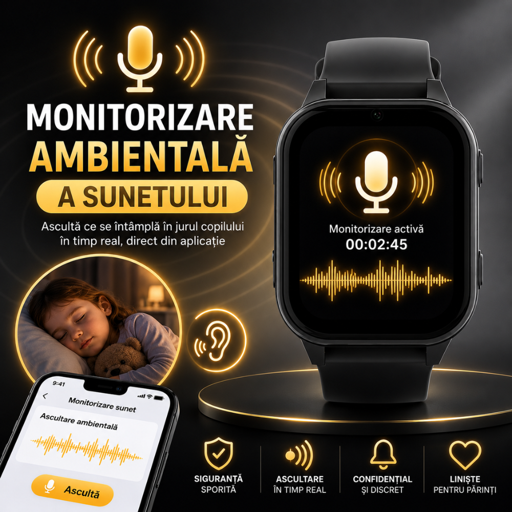 Ceas Smartwatch GPS Copii cu Localizare si Telefon Techone KT19T, Negru