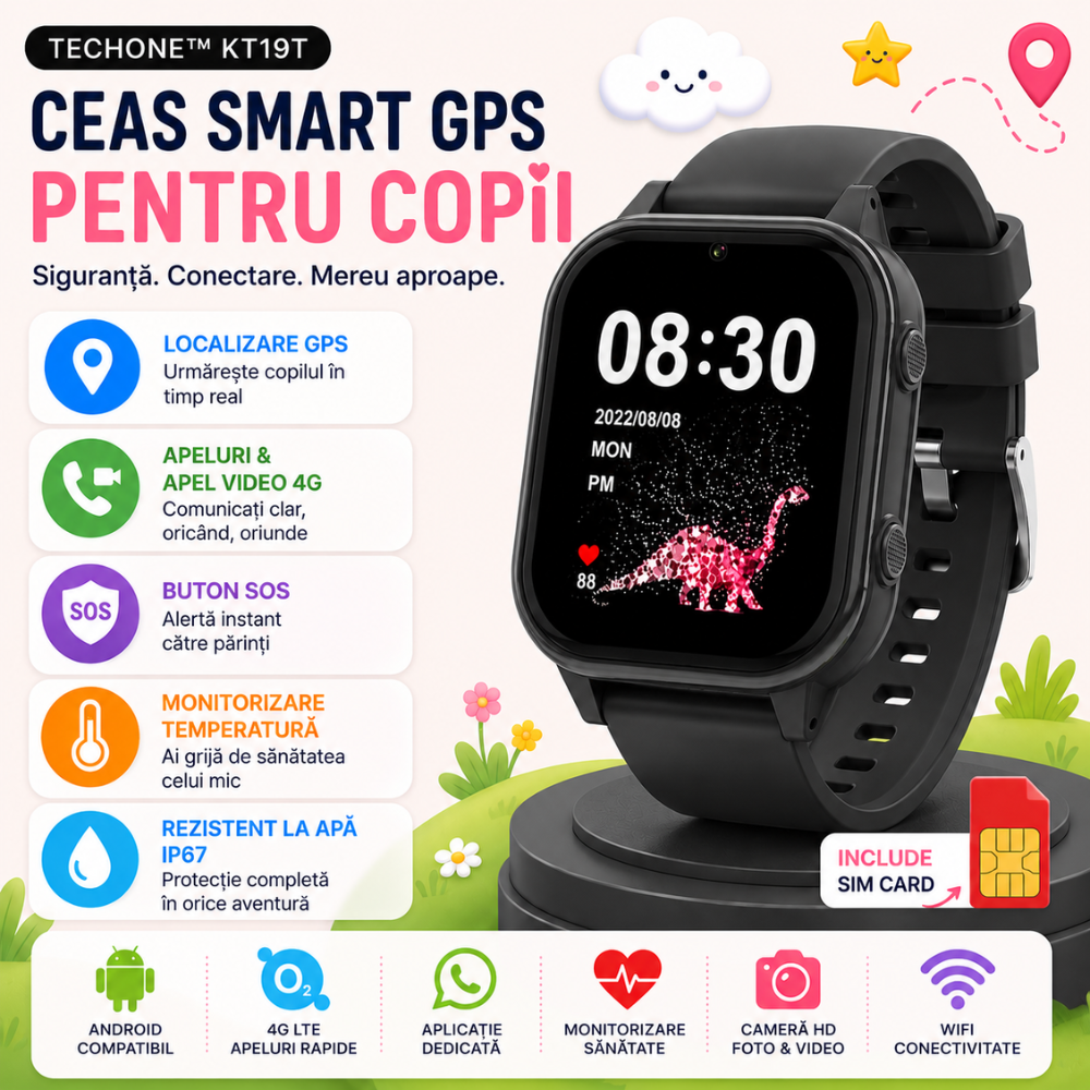 Ceas Smartwatch GPS Copii cu Localizare si Telefon Techone KT19T, Negru