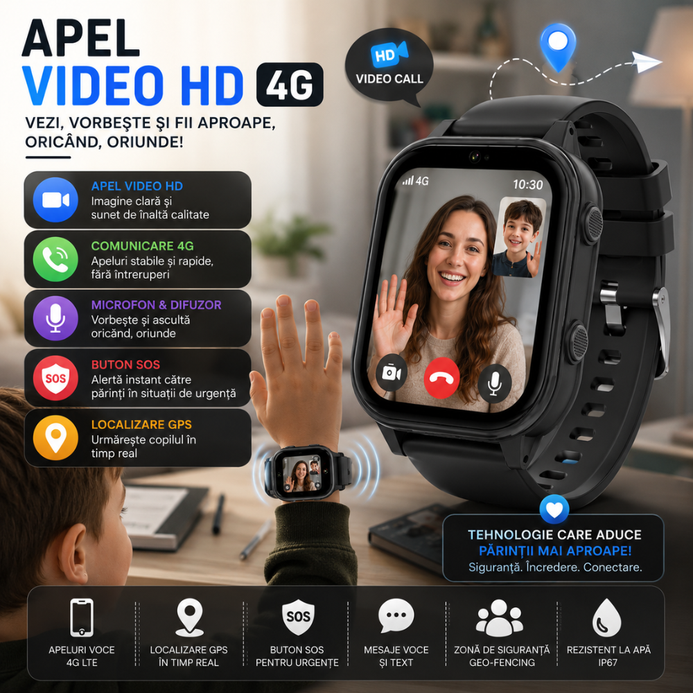 Ceas Smartwatch GPS Copii cu Localizare si Telefon Techone KT19T, Negru
