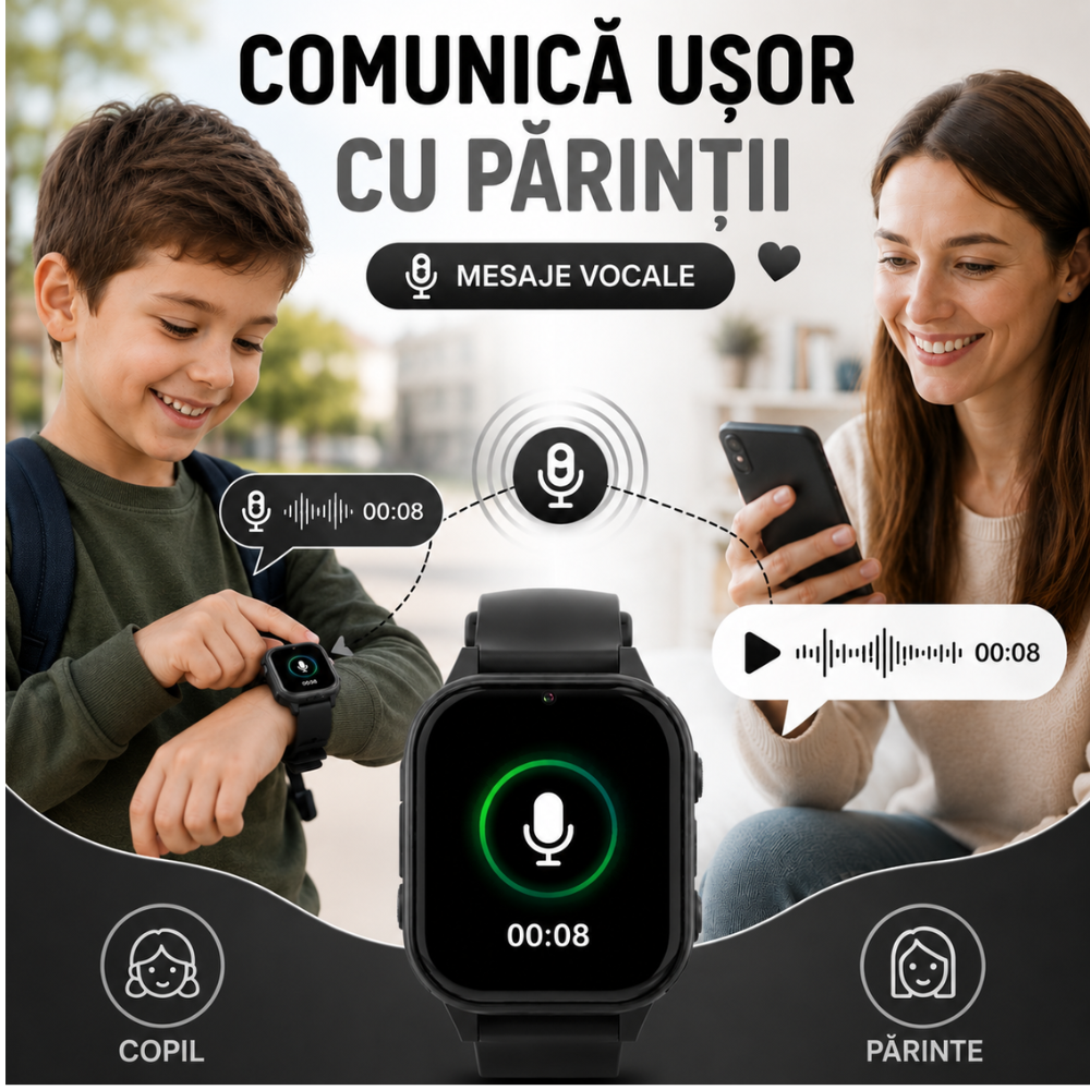 Ceas Smartwatch GPS Copii cu Localizare si Telefon Techone KT19T, Negru