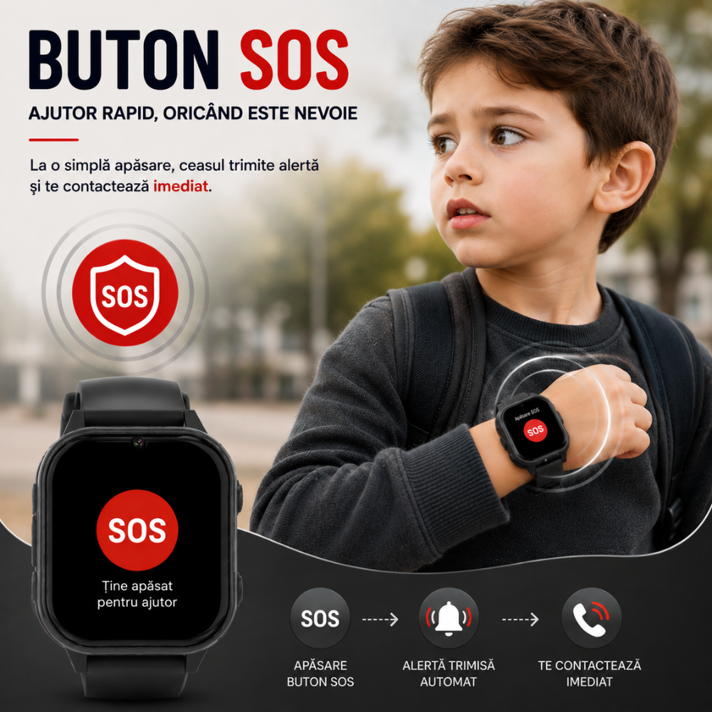 Ceas Smartwatch GPS Copii cu Localizare si Telefon Techone KT19T, Negru