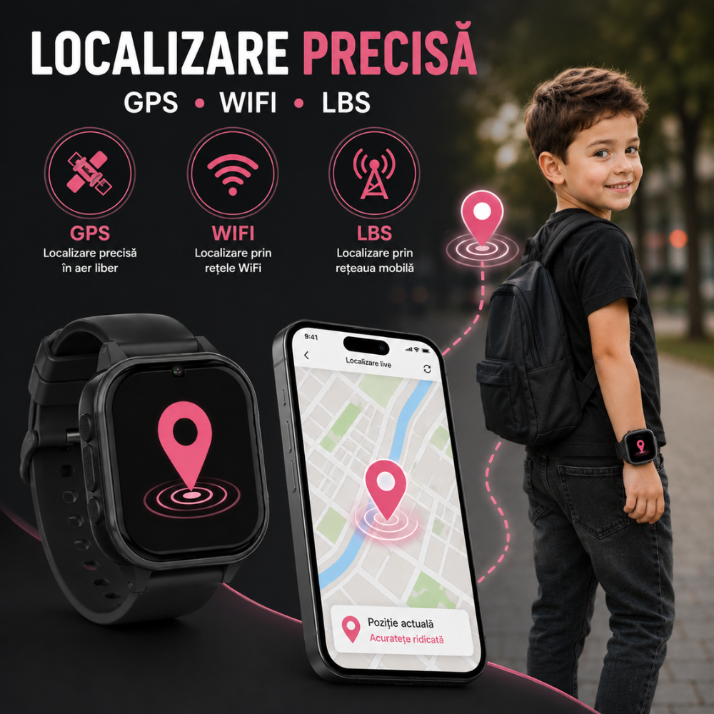 Ceas Smartwatch GPS Copii cu Localizare si Telefon Techone KT19T, Negru