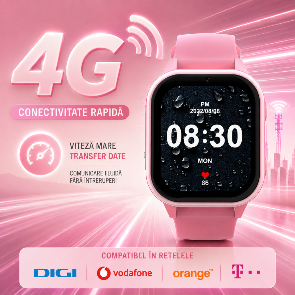 Ceas Smartwatch GPS Copii cu Localizare si Telefon Techone KT19T, Roz