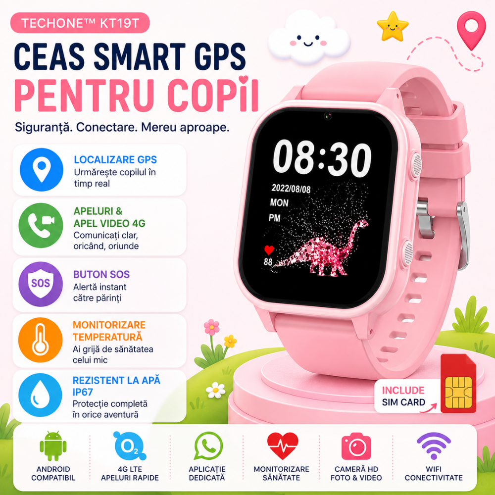 Ceas Smartwatch GPS Copii cu Localizare si Telefon Techone KT19T, Roz