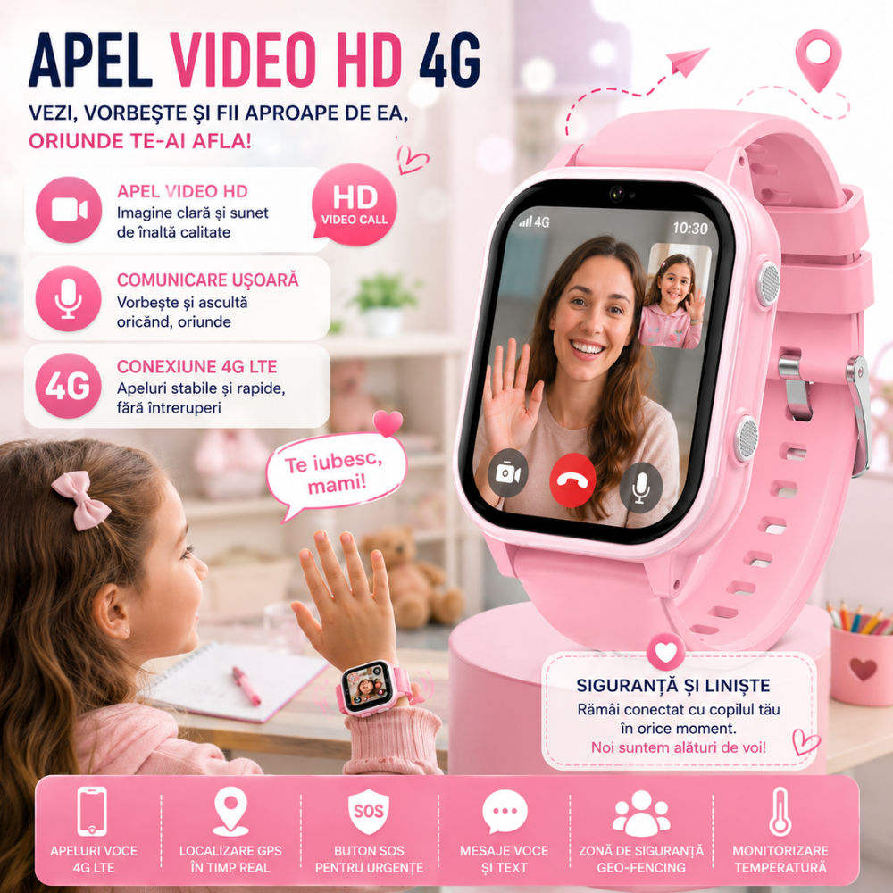 Ceas Smartwatch GPS Copii cu Localizare si Telefon Techone KT19T, Roz