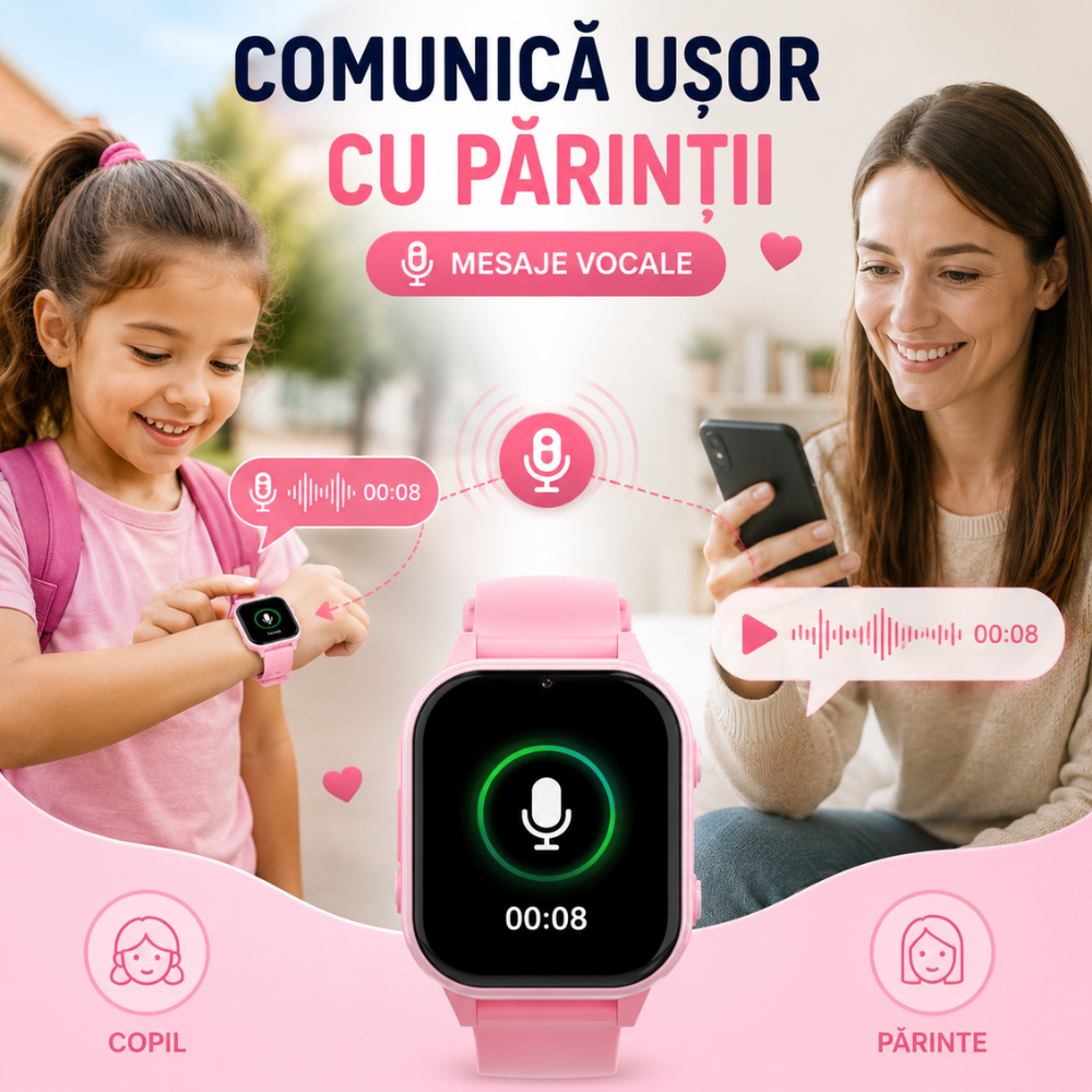 Ceas Smartwatch GPS Copii cu Localizare si Telefon Techone KT19T, Roz