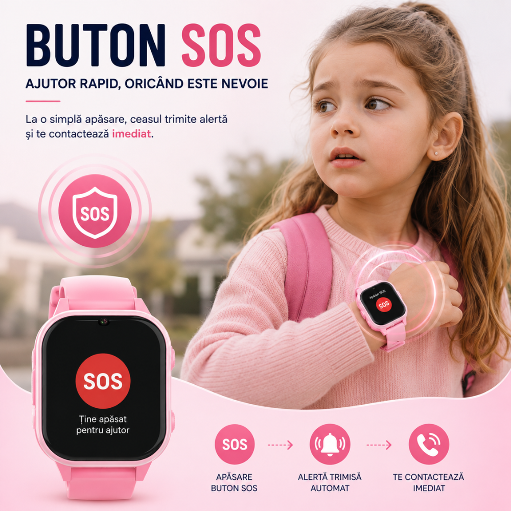 Ceas Smartwatch GPS Copii cu Localizare si Telefon Techone KT19T, Roz