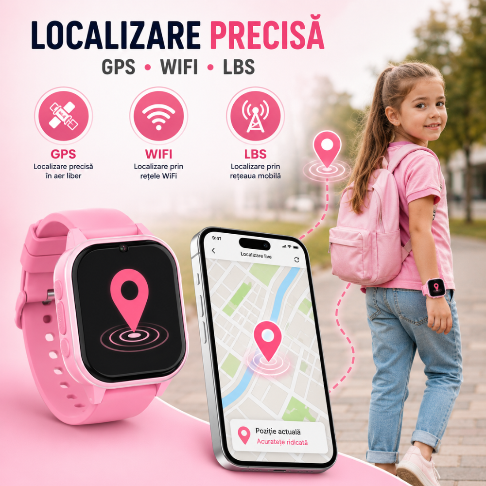 Ceas Smartwatch GPS Copii cu Localizare si Telefon Techone KT19T, Roz