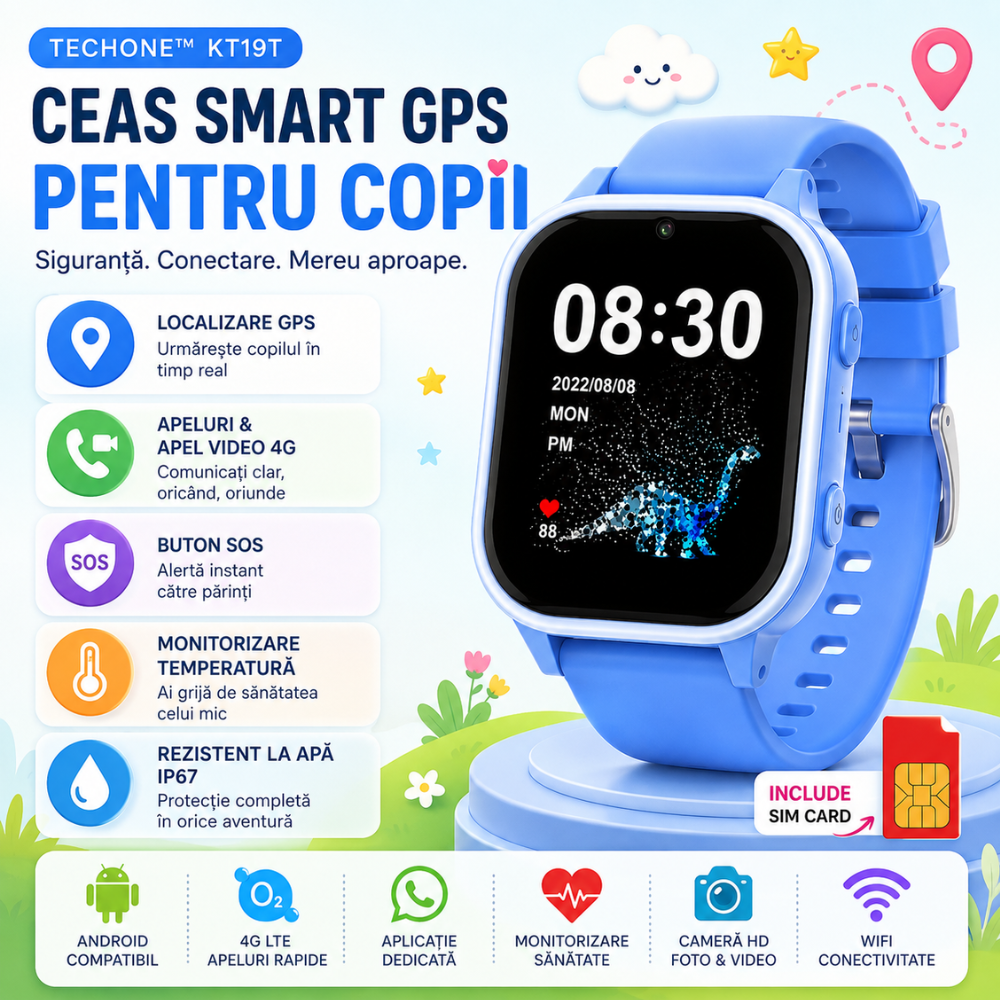Ceas Smartwatch GPS Copii cu Localizare si Telefon Techone KT19T, Albastru