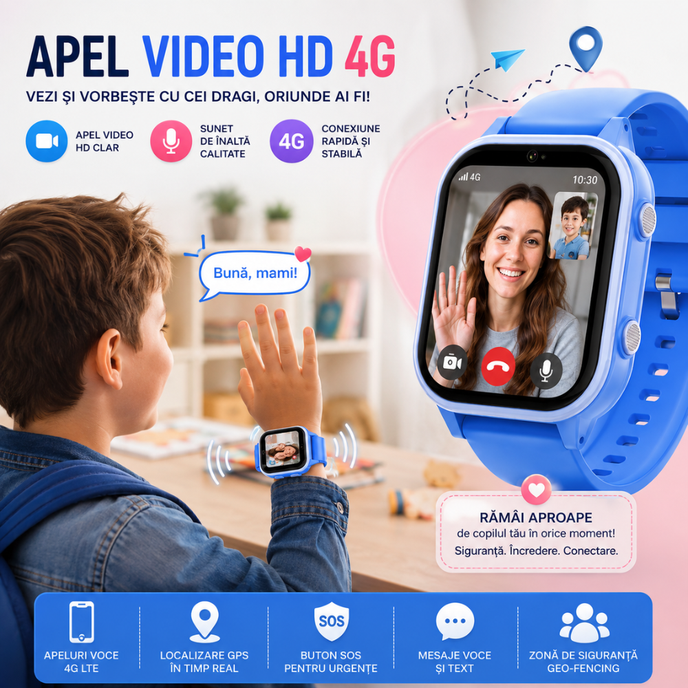 Ceas Smartwatch GPS Copii cu Localizare si Telefon Techone KT19T, Albastru