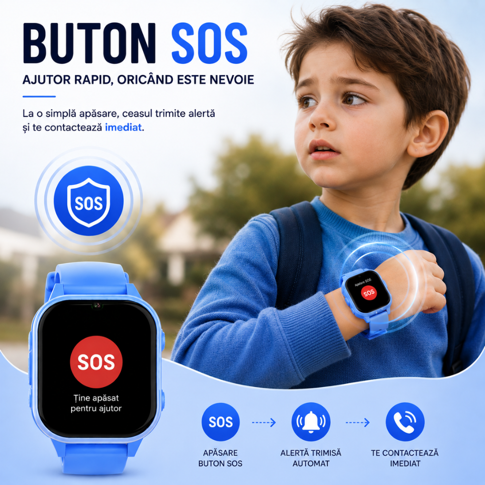 Ceas Smartwatch GPS Copii cu Localizare si Telefon Techone KT19T, Albastru
