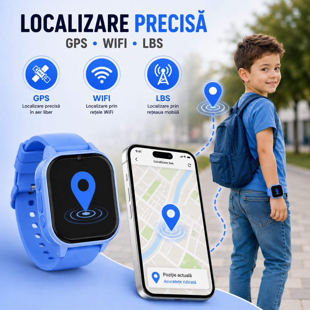 Ceas Smartwatch GPS Copii cu Localizare si Telefon Techone KT19T, Albastru