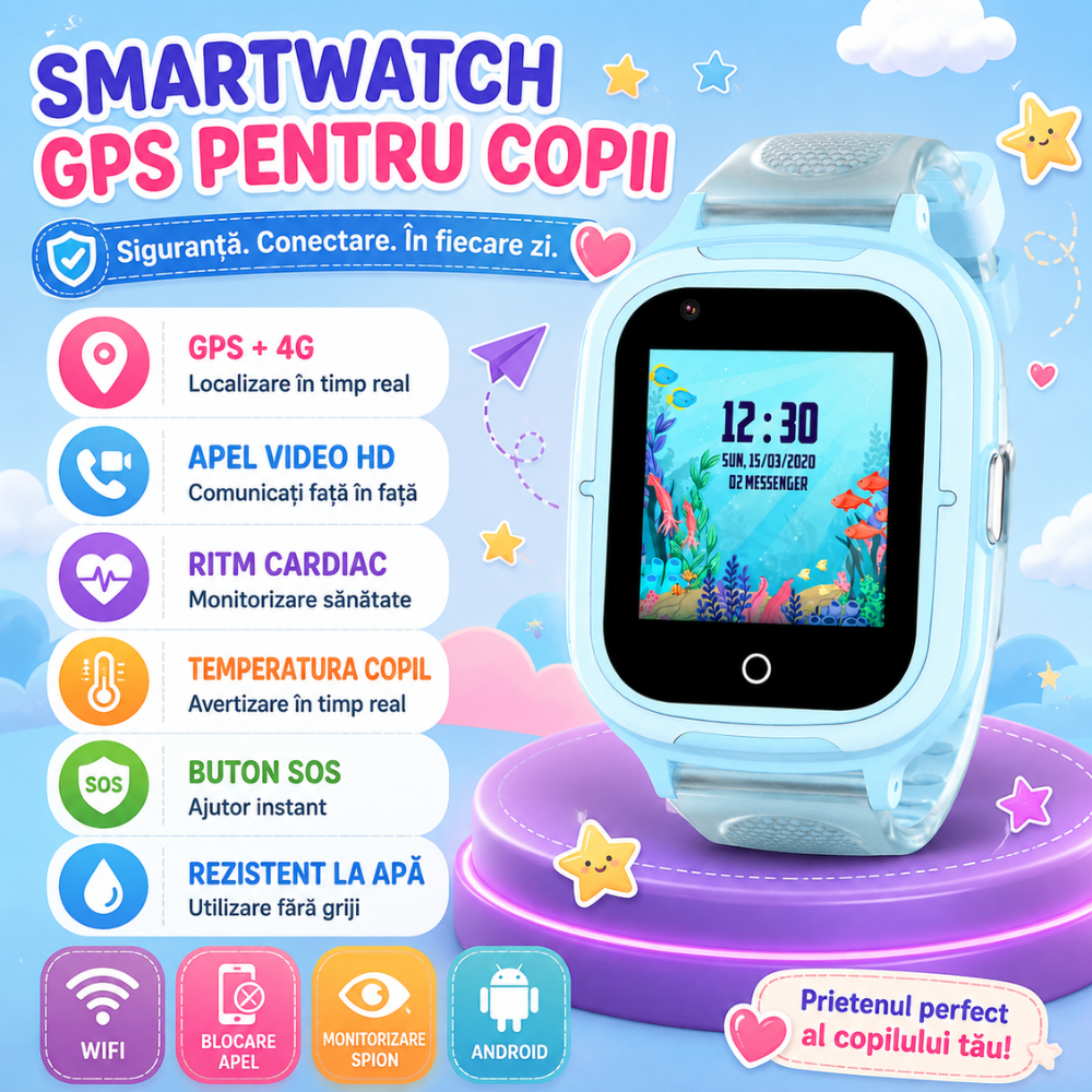 Ceas Smartwatch GPS Copii Techone KT23T 4G, Albastru