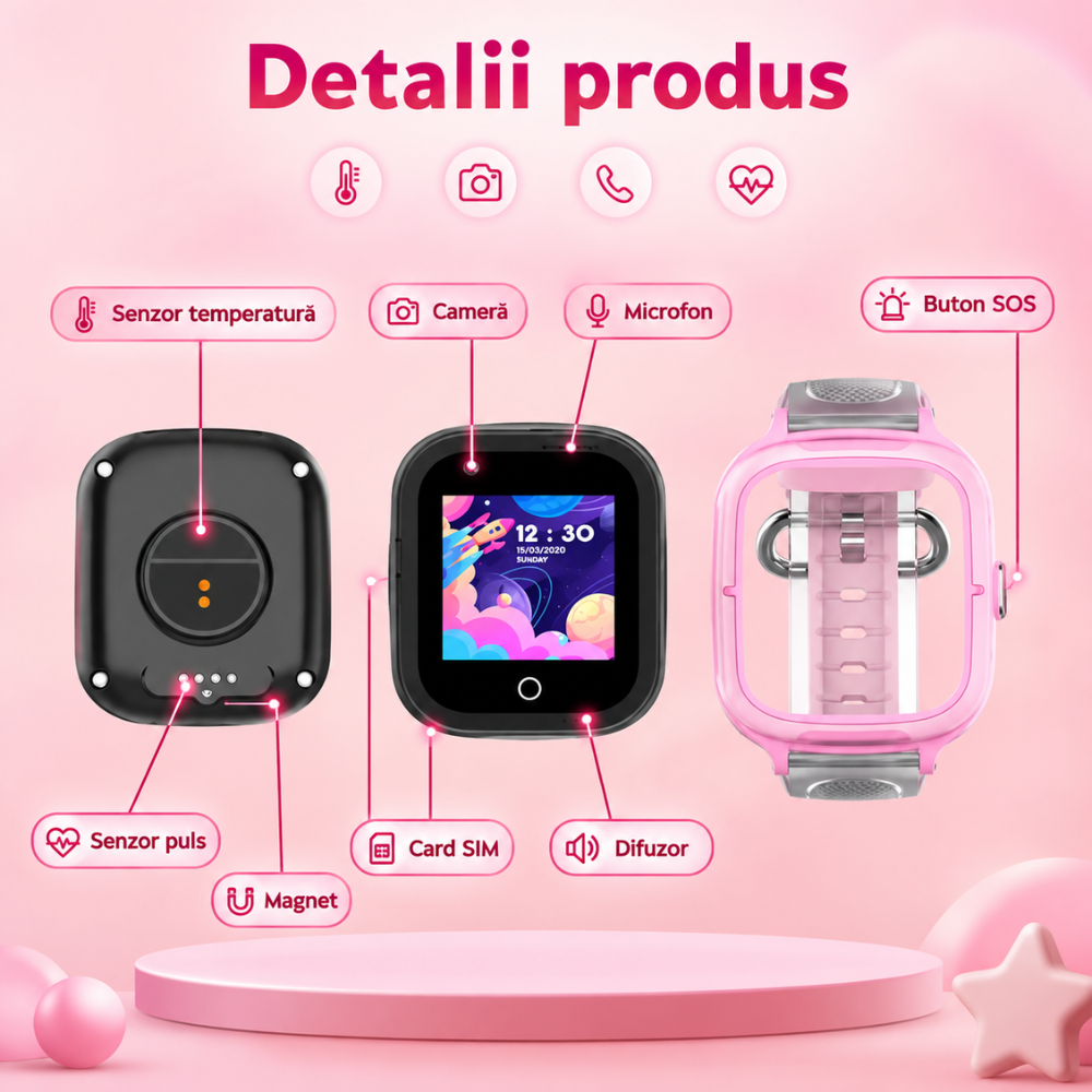 Ceas Smartwatch GPS Copii Techone KT23T 4G, Roz