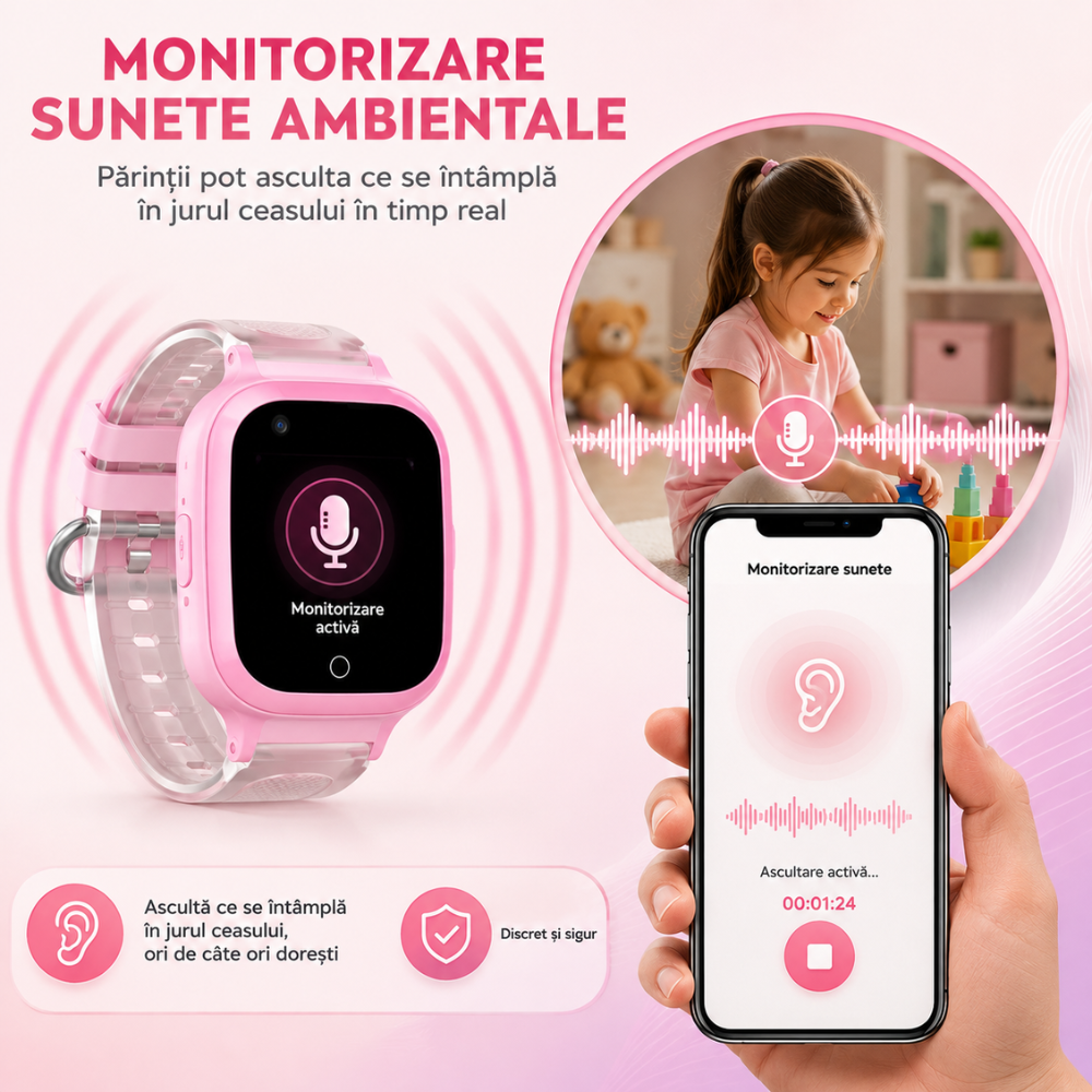 Ceas Smartwatch GPS Copii Techone KT23T 4G, Roz