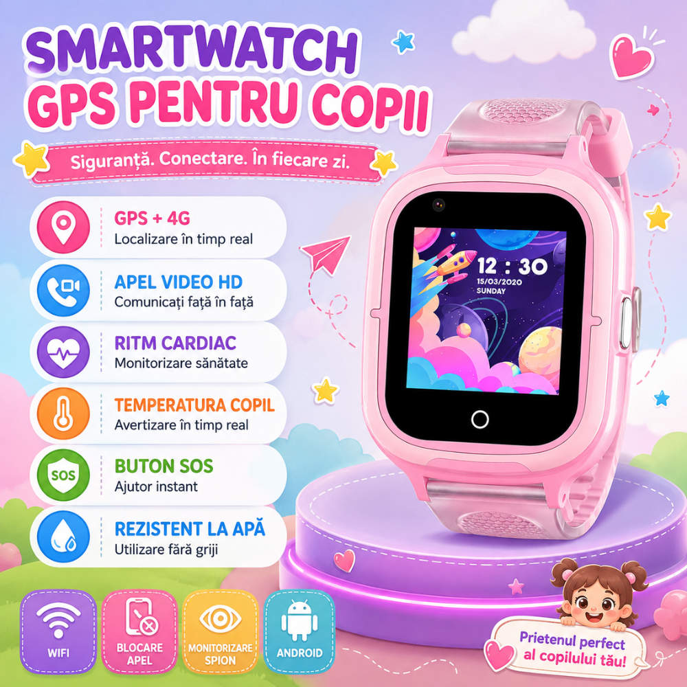Ceas Smartwatch GPS Copii Techone KT23T 4G, Roz