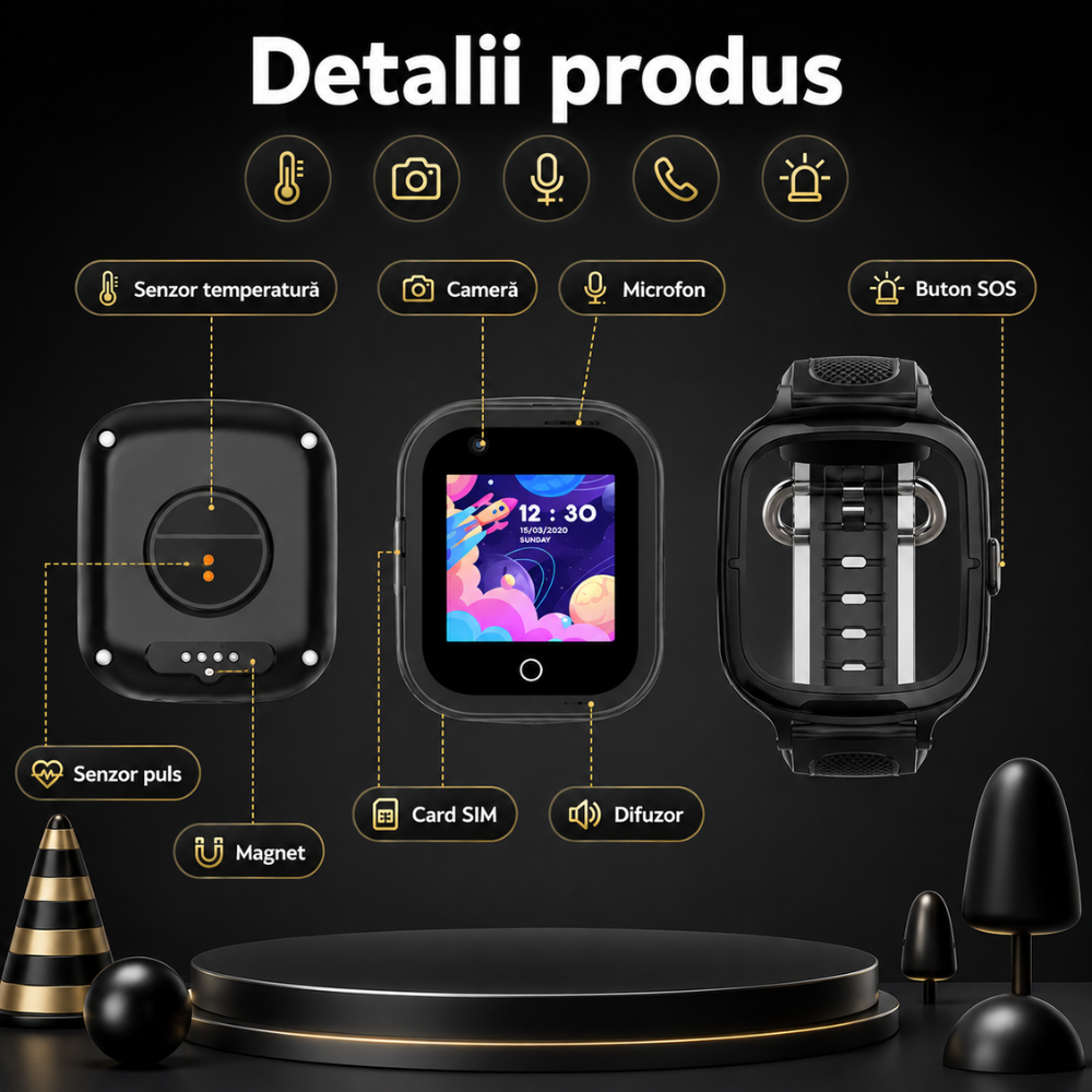 Ceas Smartwatch GPS Copii Techone KT23T Pro 4G, Negru