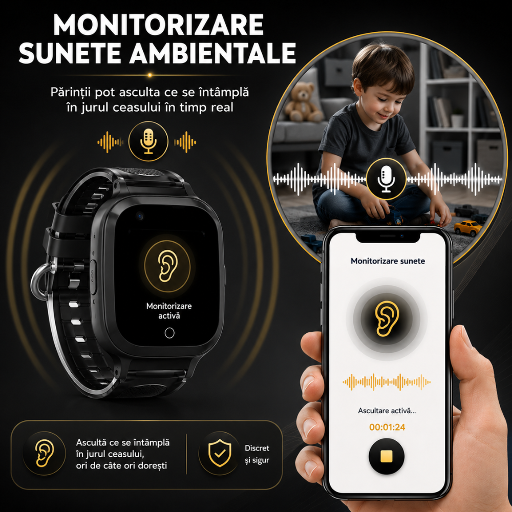 Ceas Smartwatch GPS Copii Techone KT23T Pro 4G, Negru