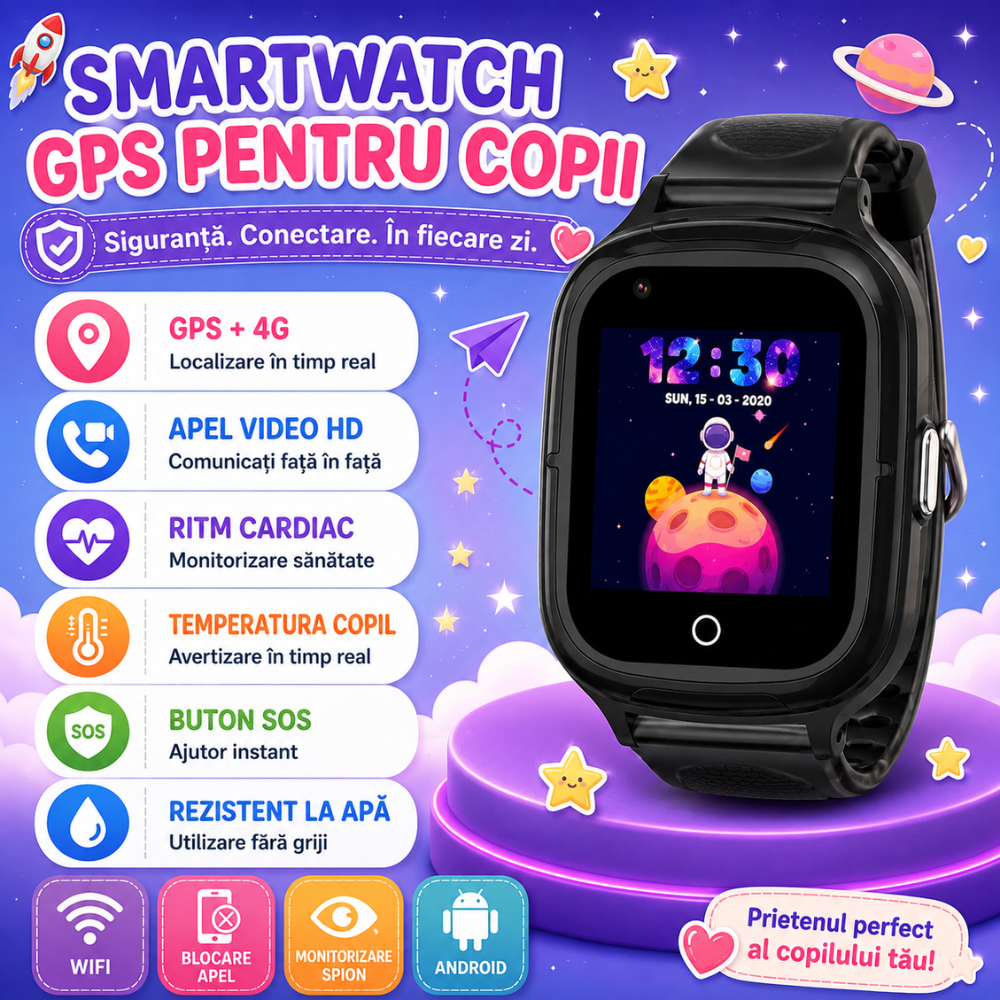 Ceas Smartwatch GPS Copii Techone KT23T Pro 4G, Negru
