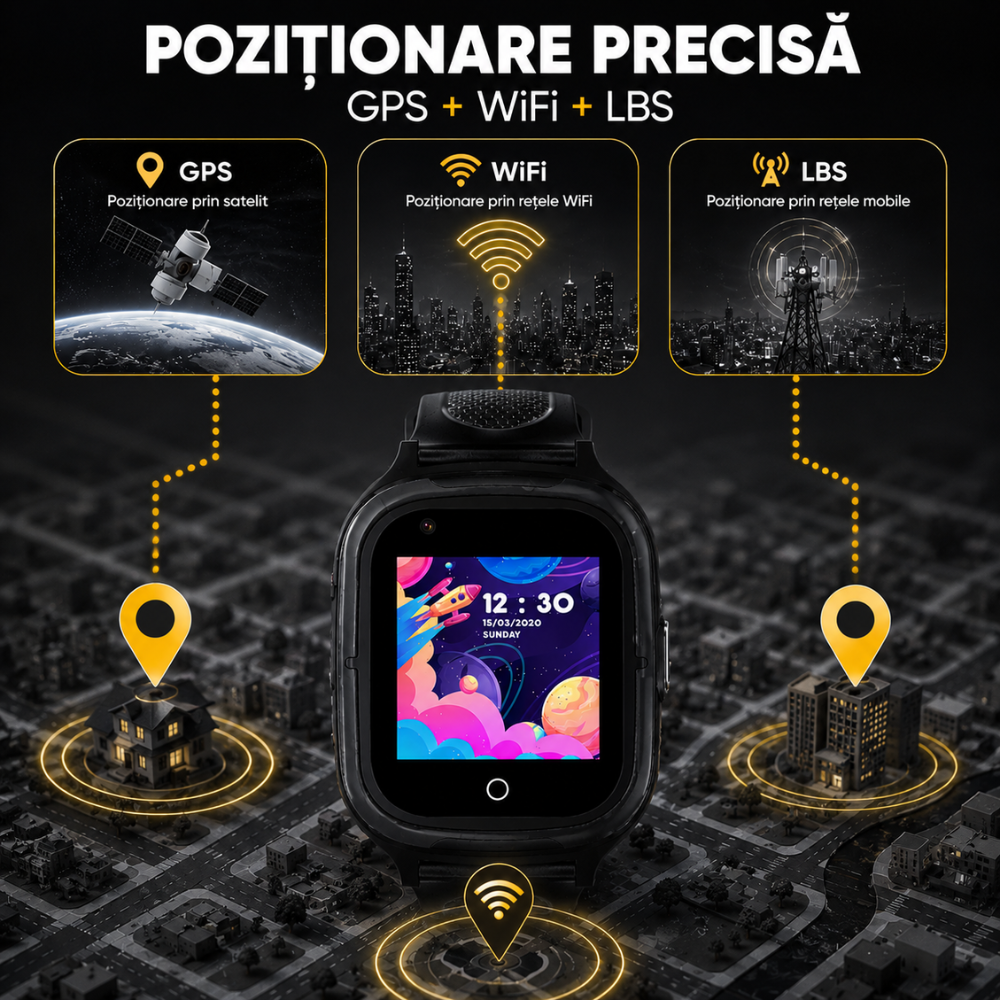 Ceas Smartwatch GPS Copii Techone KT23T Pro 4G, Negru