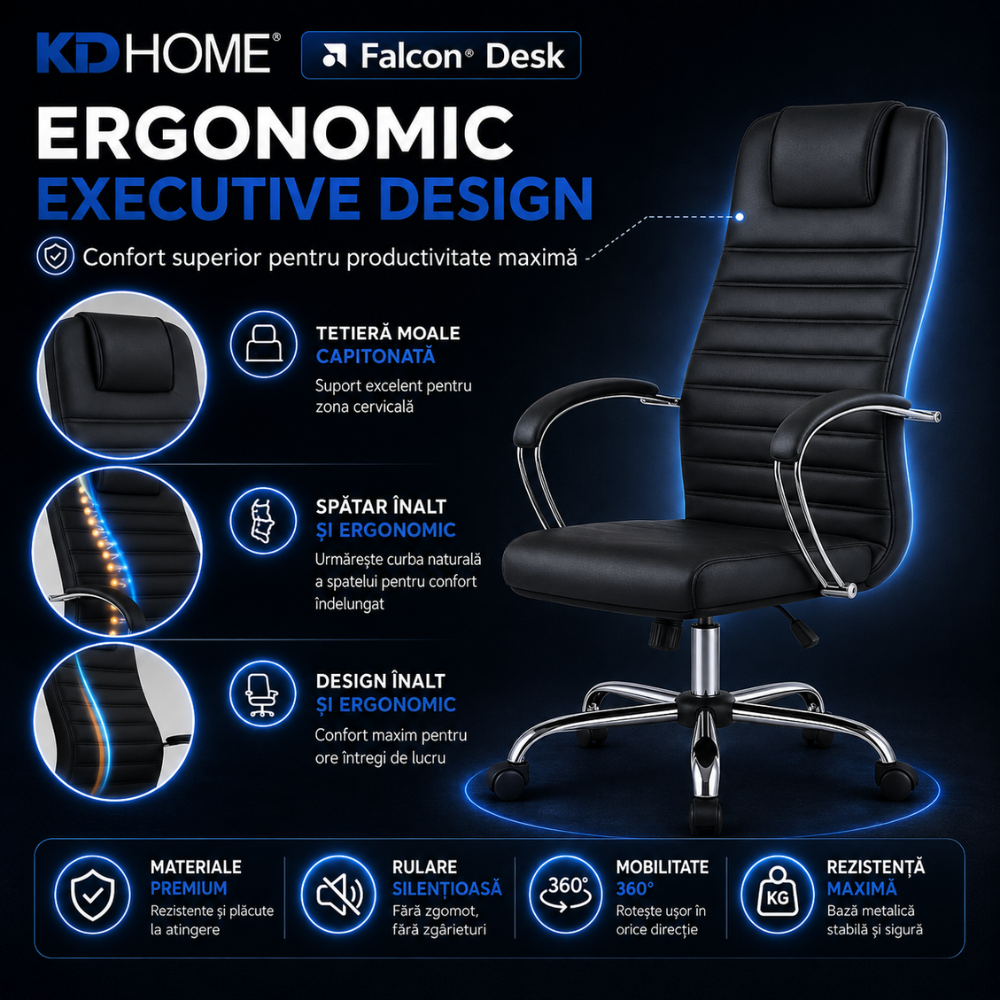 Scaun De Birou Directorial Ergonomic KD Home Falcon Desk, Negru