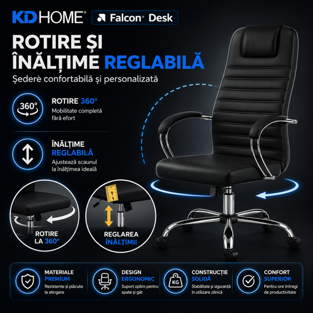 Scaun De Birou Directorial Ergonomic KD Home Falcon Desk, Negru
