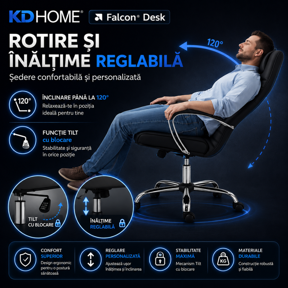 Scaun De Birou Directorial Ergonomic KD Home Falcon Desk, Negru