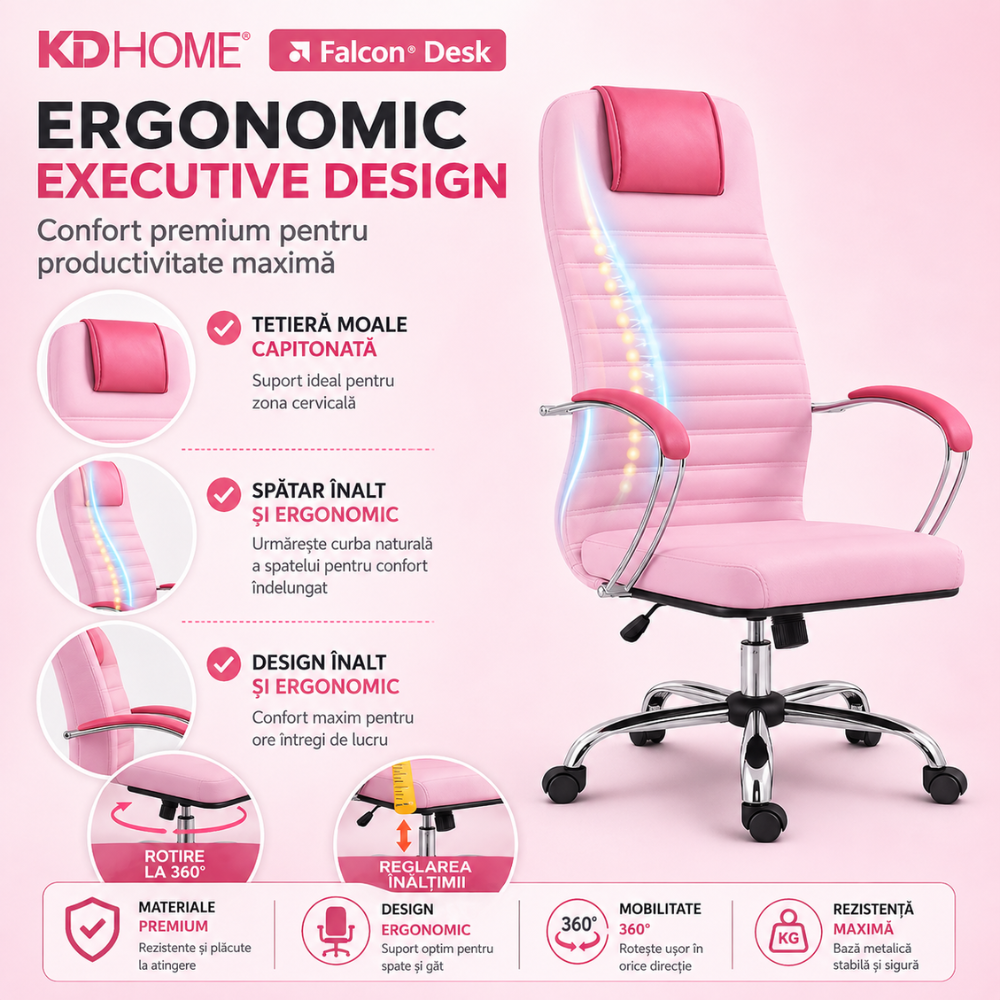Scaun De Birou Directorial Ergonomic KD Home Falcon Desk, Roz