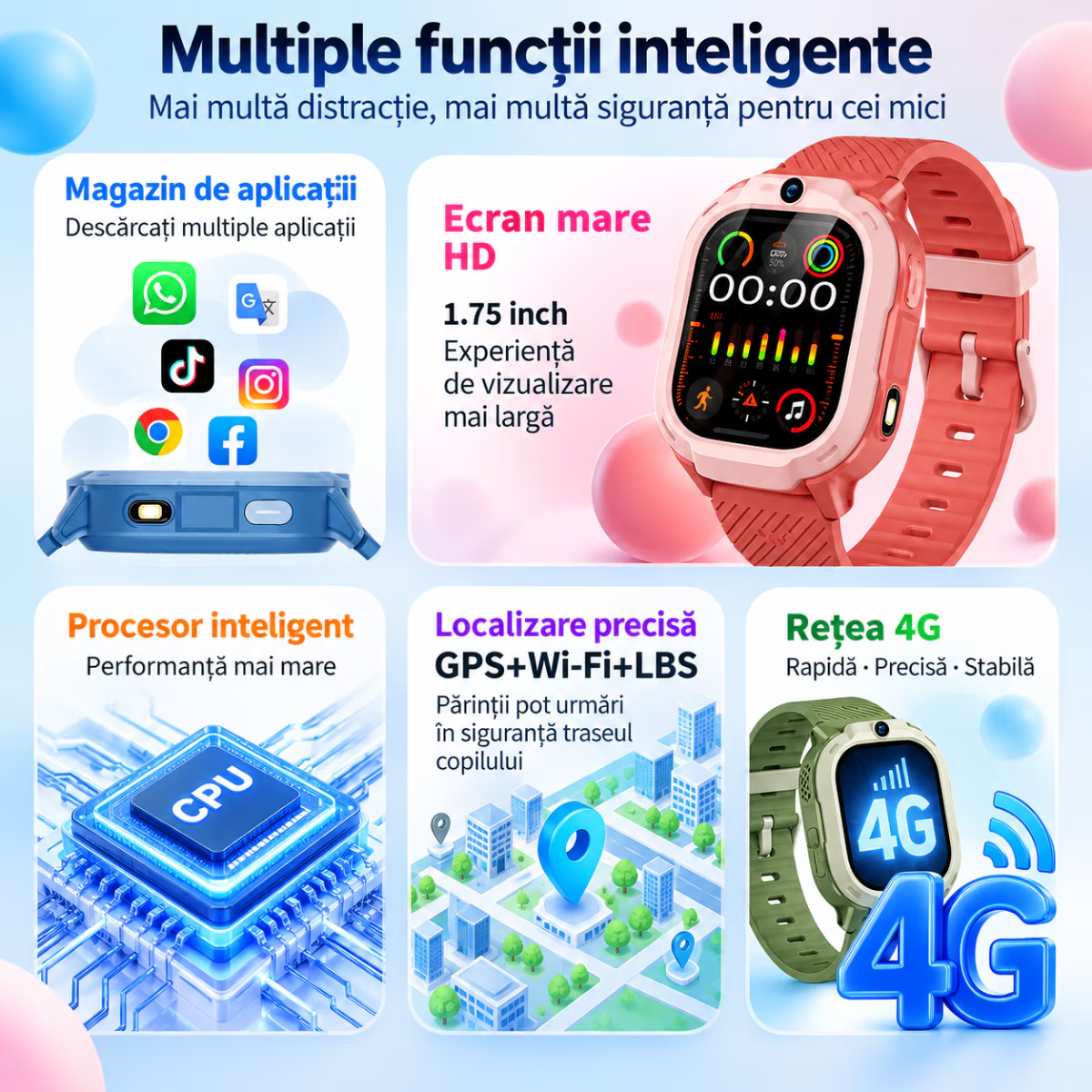 Ceas Smartwatch Copii Cu Localizare GPS Si Telefon Techone T70 Mini Go, Albastru