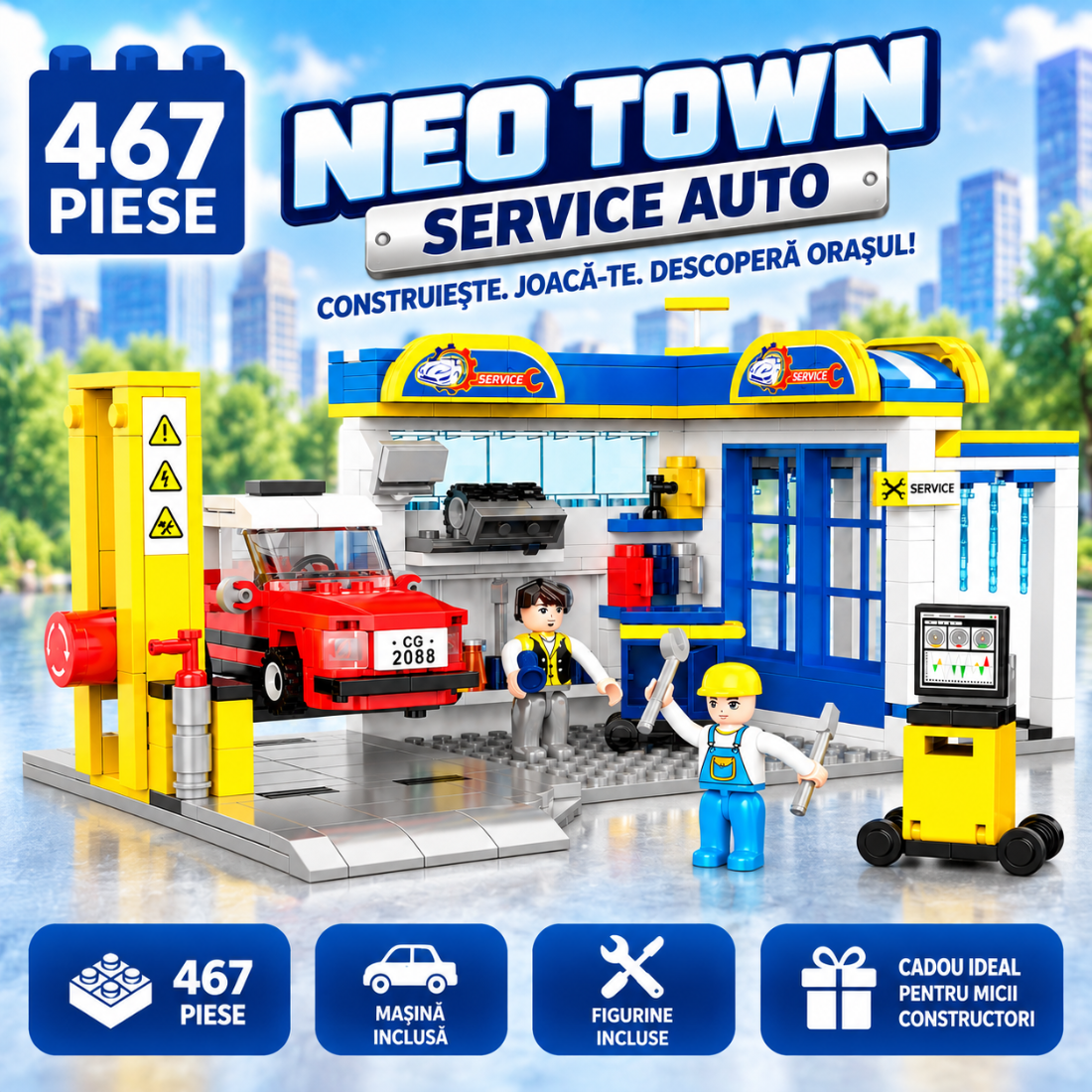 Set de Constructie cu Piese Tip Blocuri Constructie 467 Piese MiniBric Service Auto 4222