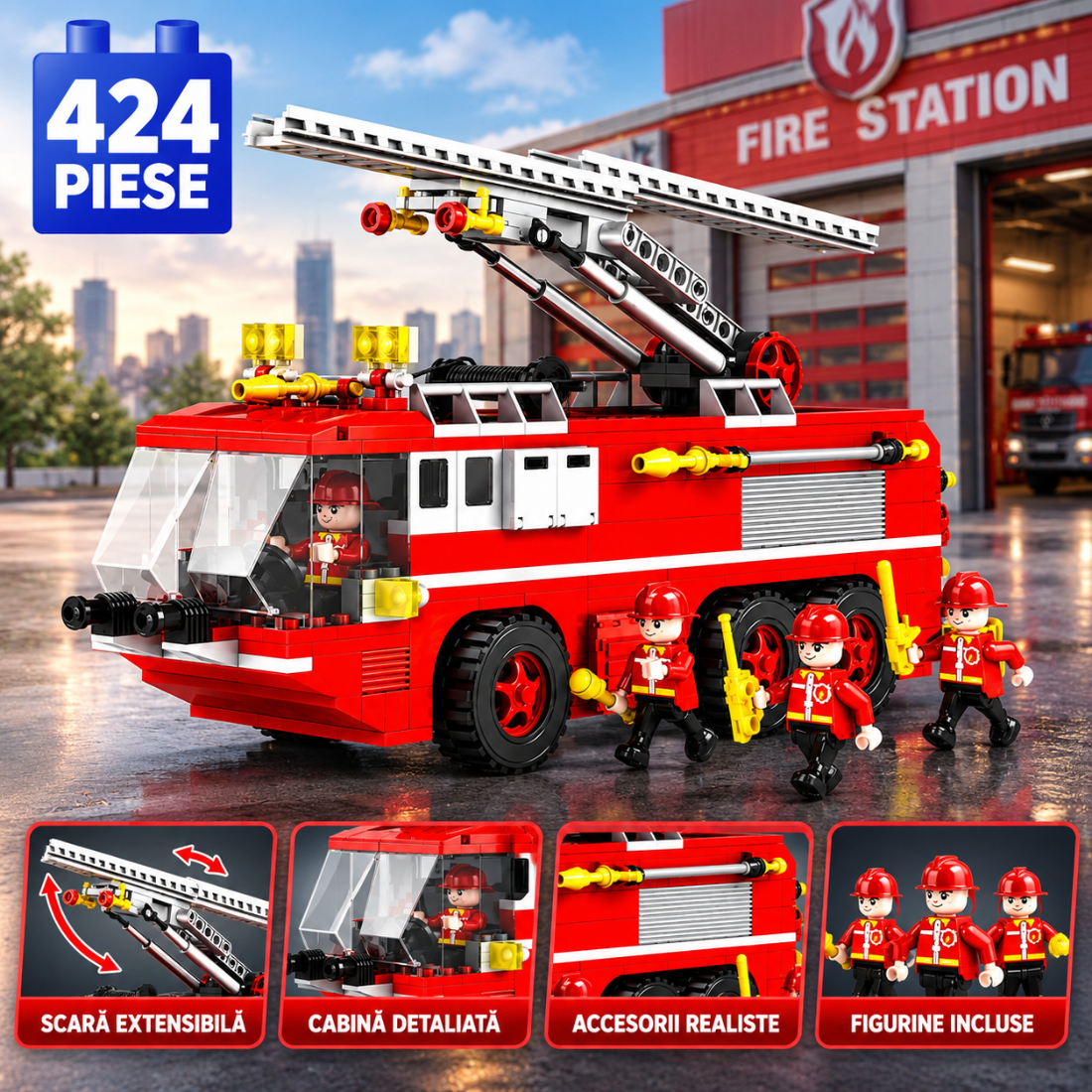 Set de Constructie cu Piese Tip Blocuri Constructie 424 Piese MiniBric RedFire Truck 3615
