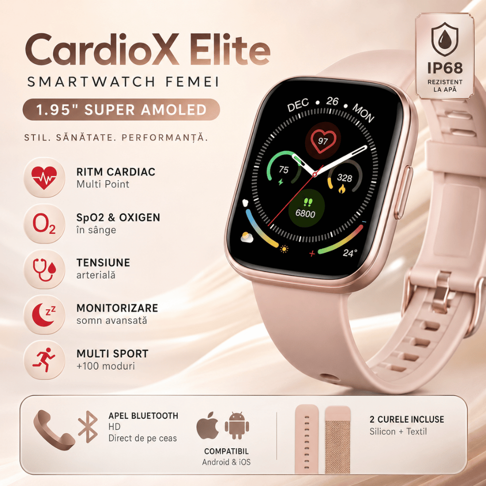 Ceas Smartwatch Femei TechONE CardioX Elite, Auriu