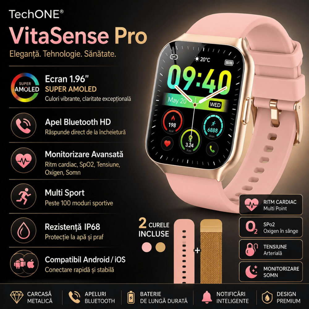 Ceas Smartwatch Femei TechONE VitaSense Pro, Auriu