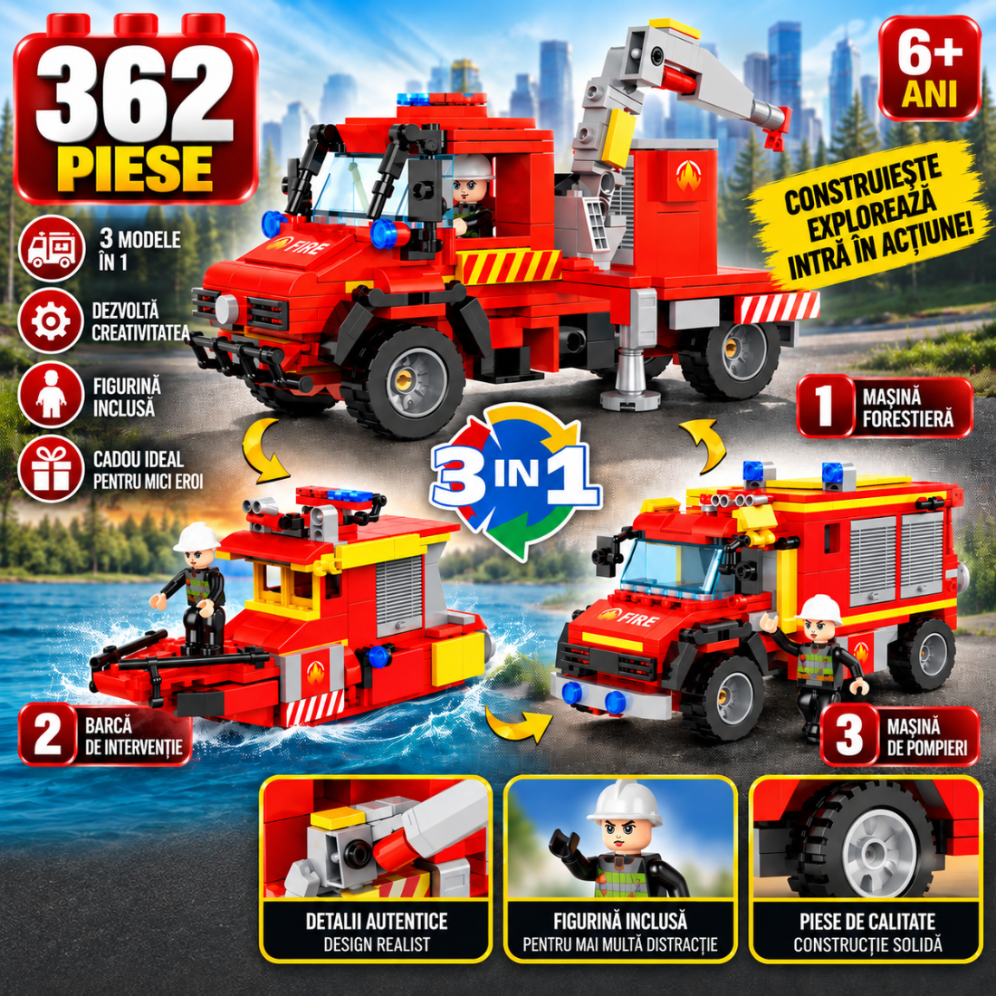 Set de Constructie cu Piese Tip Blocuri Constructie 362 Piese MiniBric 3 in 1 Rescue Vehicles 2148