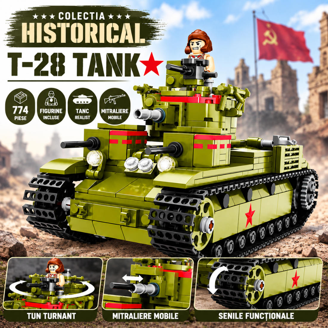 Set de Constructie cu Piese Tip Blocuri Constructie 774 Piese MiniBric T-28 Tank 7904