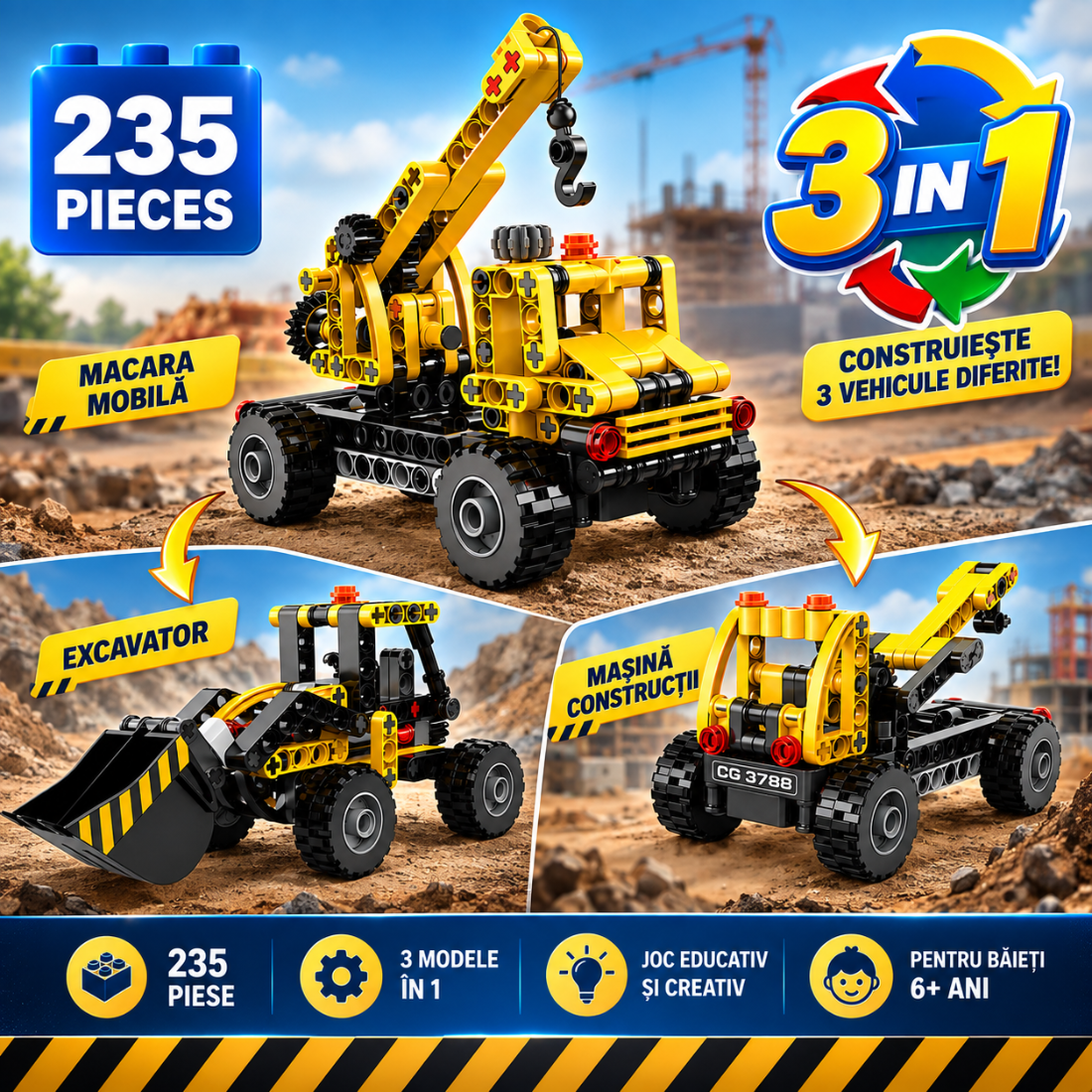 Set de Constructie cu Piese Tip Blocuri Constructie 235 Piese MiniBric 3 in 1 Construction Vechicles 3090