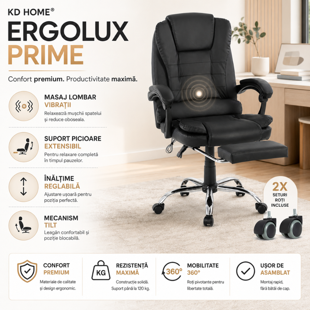 Scaun De Birou Directorial Ergonomic Cu Masaj KD Home ErgoLux Prime, Negru