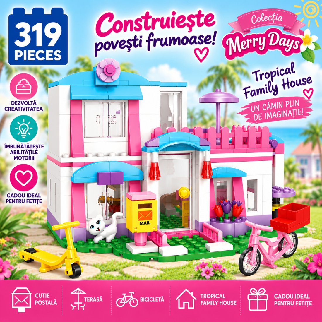 Set de Constructie cu Piese Tip Blocuri Constructie 319 Piese MiniBric Tropical Family House 4544