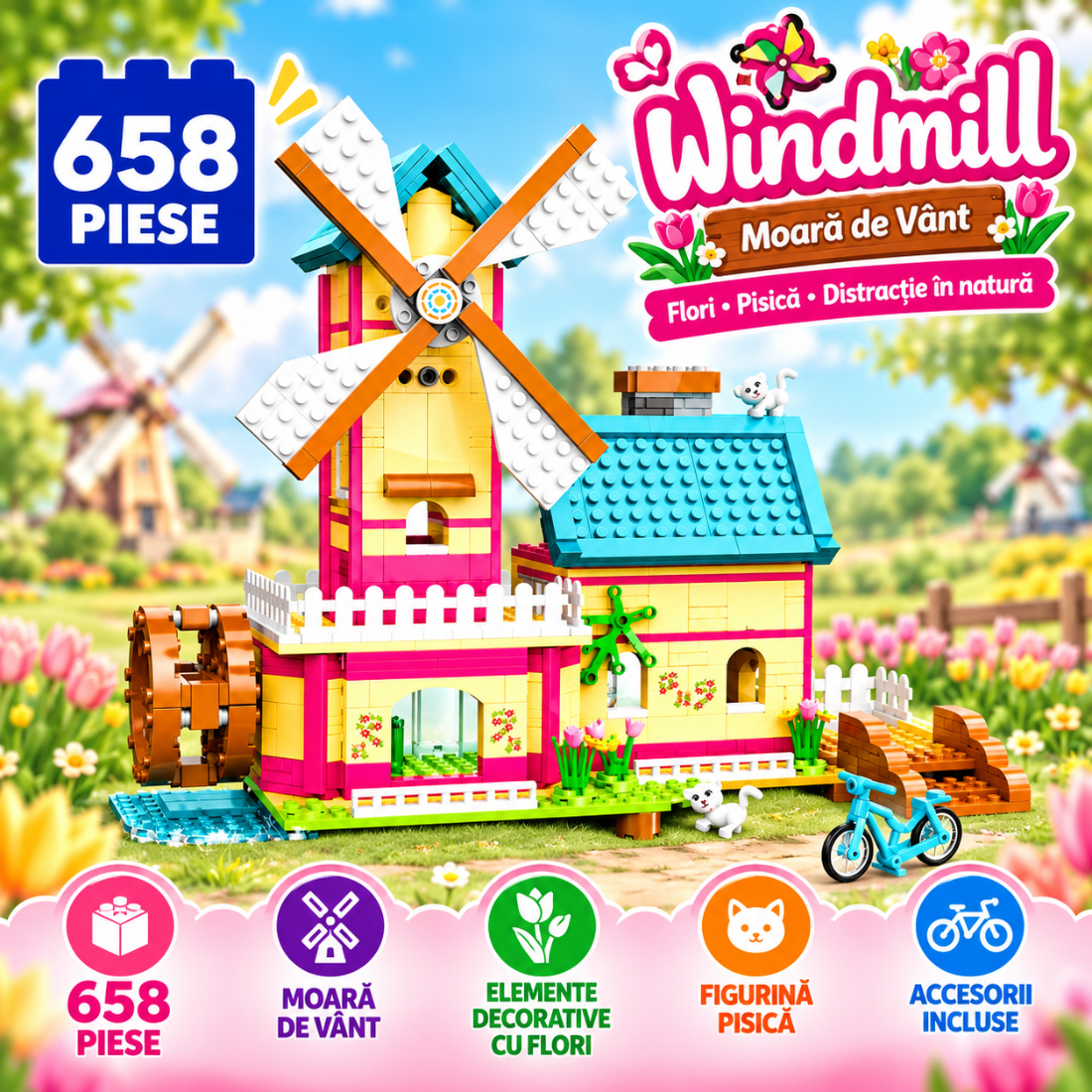 Set de Constructie cu Piese Tip Blocuri Constructie 658 Piese MiniBric Windmil 4576