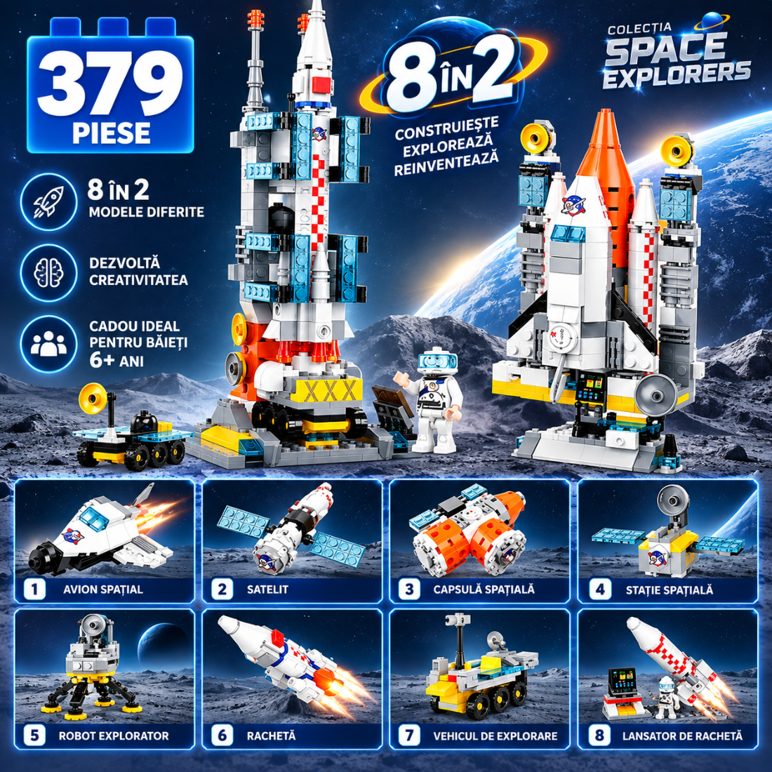 Set de Constructie cu Piese Tip Blocuri Constructie 379 Piese MiniBric 8 in 2 Space Plane 3096