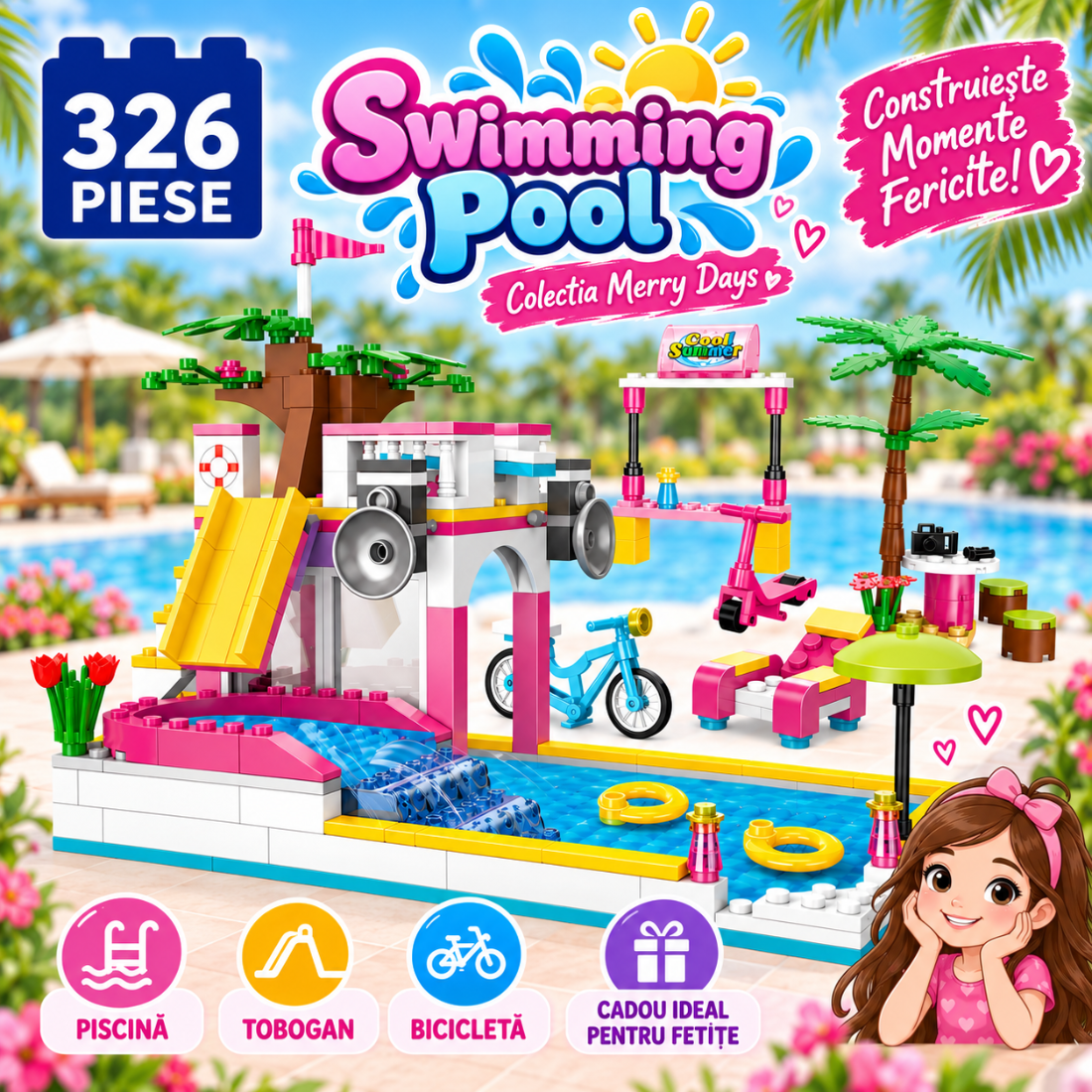 Set de Constructie cu Piese Tip Blocuri Constructie 326 Piese MiniBric Swimming Pool 4514