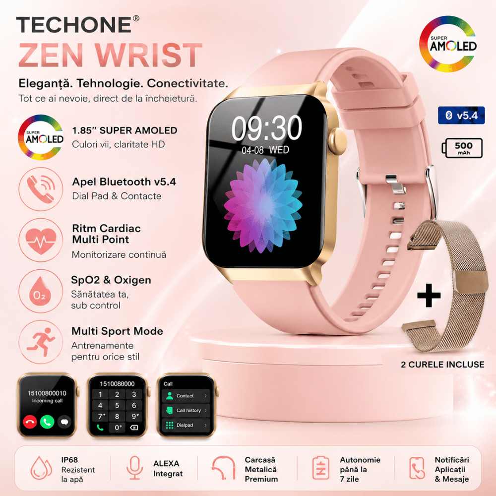 Ceas Smartwatch Femei TechONE Zen Wrist, Gold