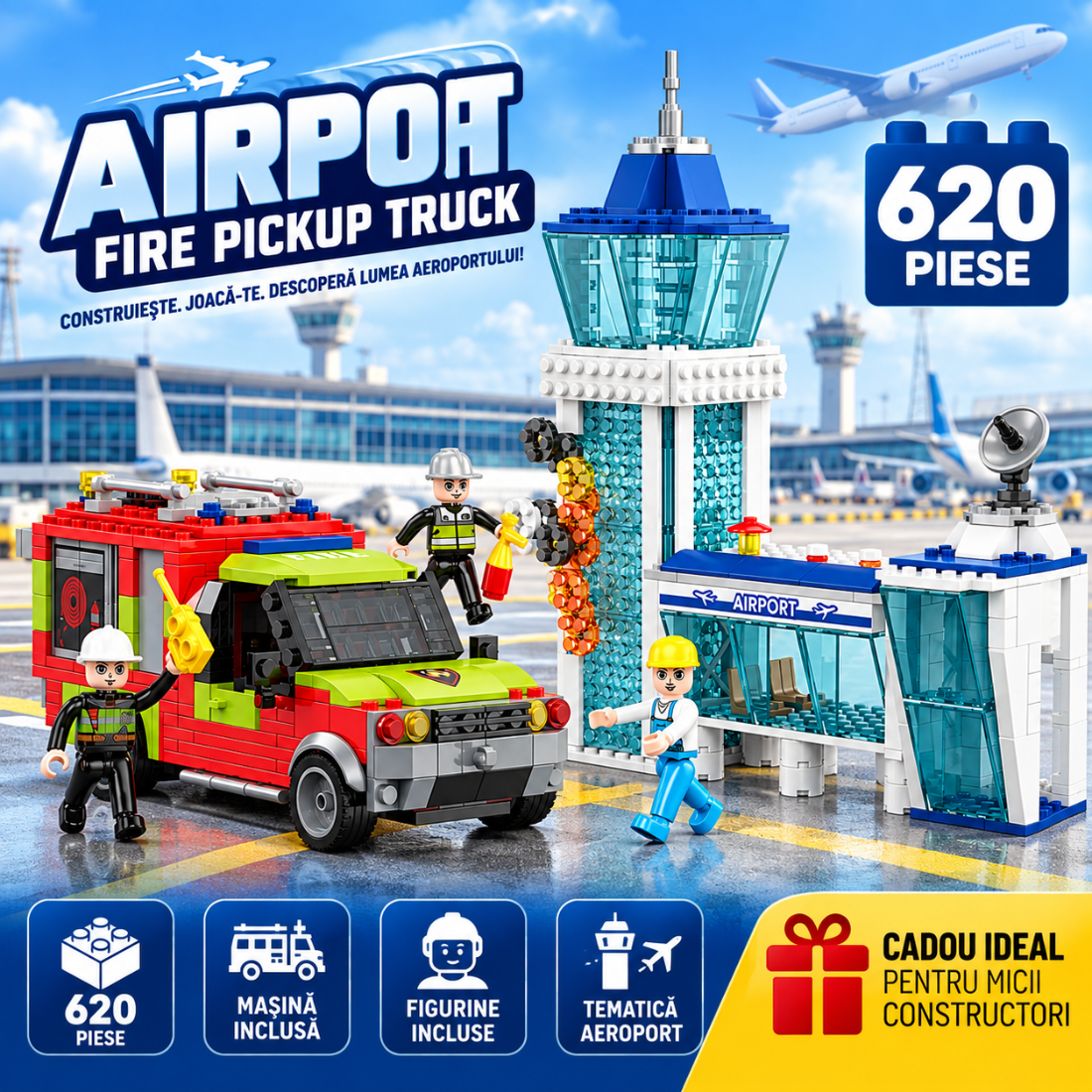 Set de Constructie cu Piese Tip Blocuri Constructie 620 Piese MiniBric Airport Fire Pickup Truck 4228