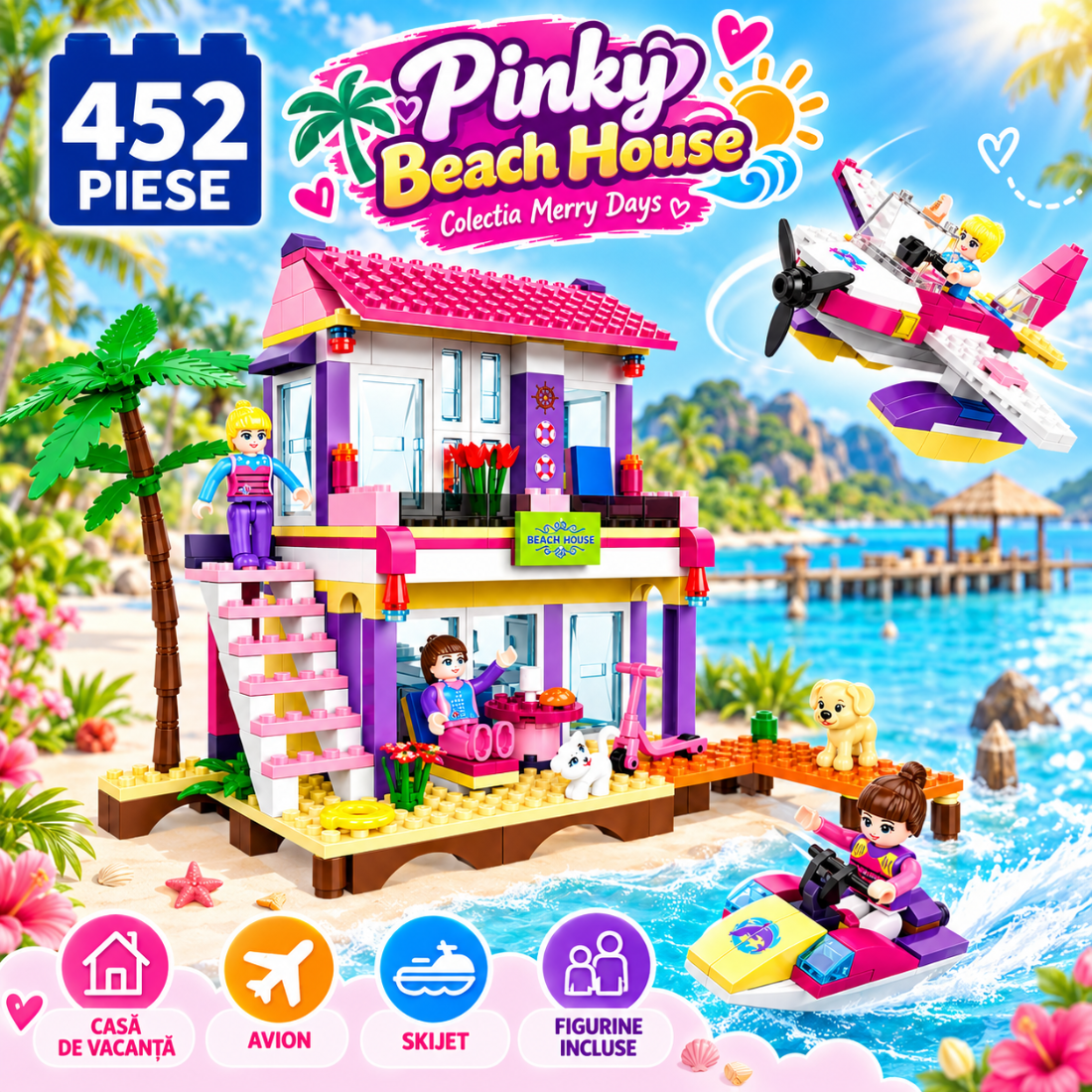 Set de Constructie cu Piese Tip Blocuri Constructie 452 Piese MiniBric Pinky Beach House 4515
