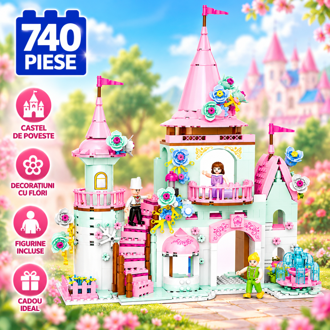 Set de Constructie cu Piese Tip Blocuri Constructie 740 Piese MiniBric Garden Castle 4585