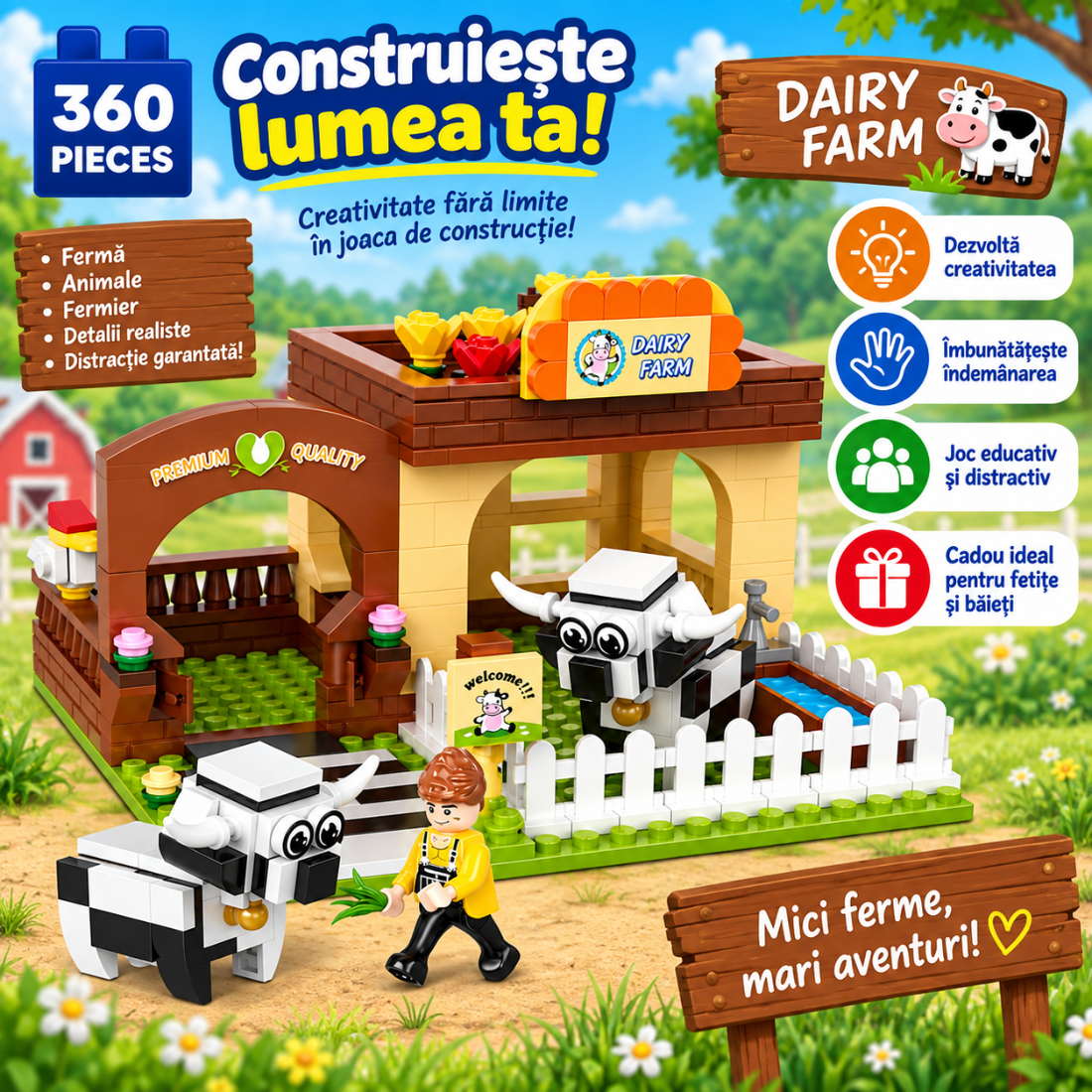 Set de Constructie cu Piese Tip Blocuri Constructie 360 Piese MiniBric Dairy Farm 4209