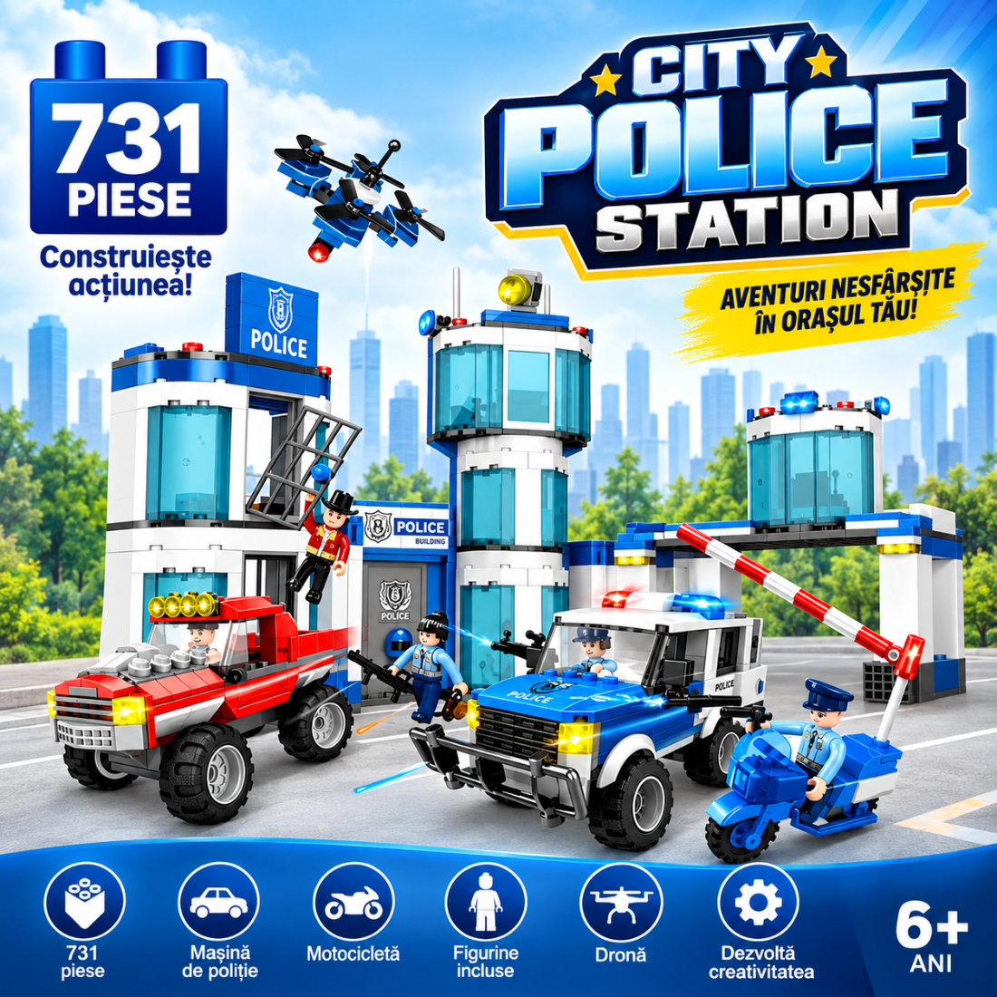 Set de Constructie cu Piese Tip Blocuri Constructie 731 Piese MiniBric City Police Station 3925