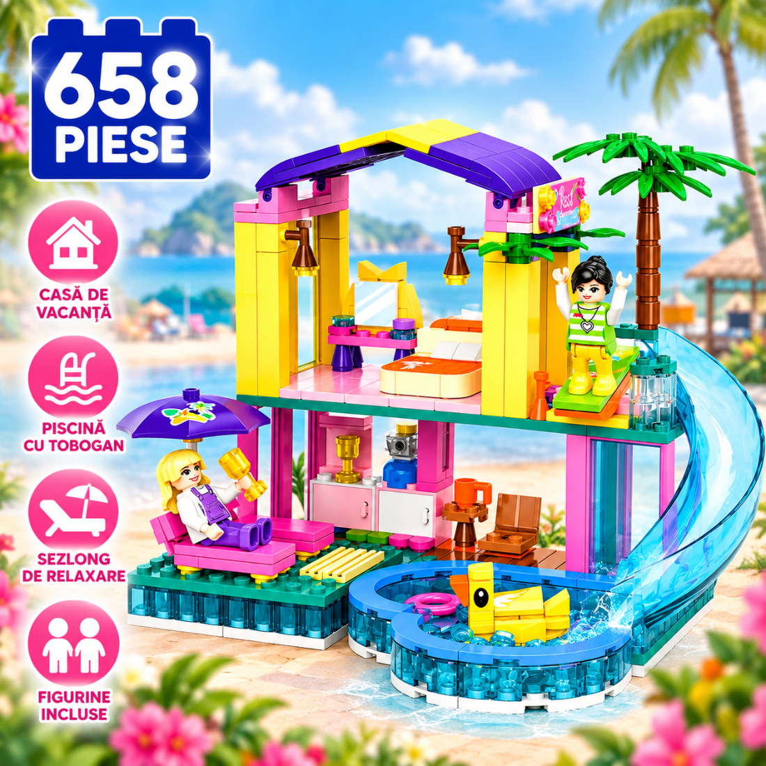 Set de Constructie cu Piese Tip Blocuri Constructie 380 Piese MiniBric Holiday House 4589