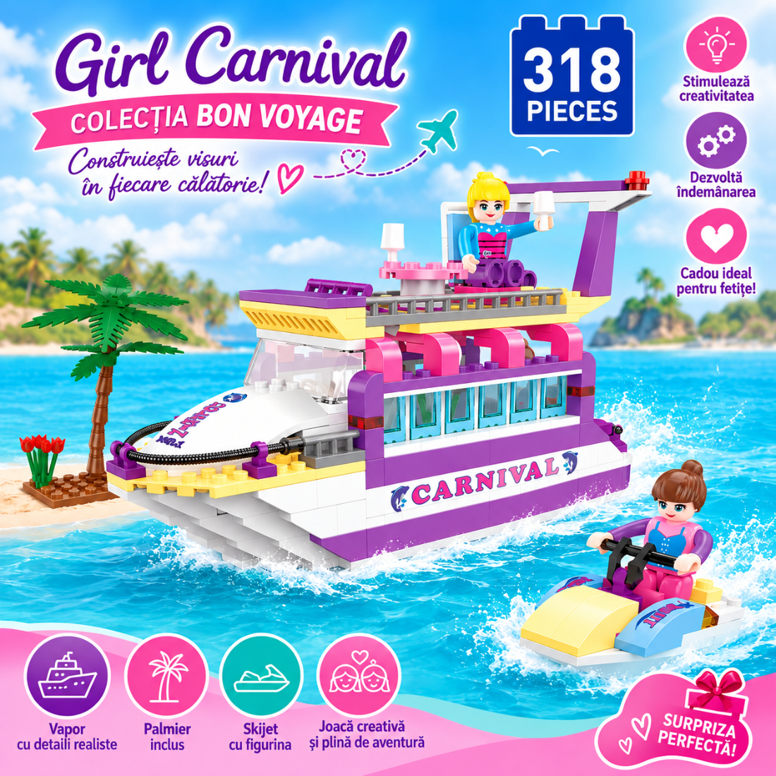Set de Constructie cu Piese Tip Blocuri Constructie 318 Piese MiniBric Girl Carnival 4508